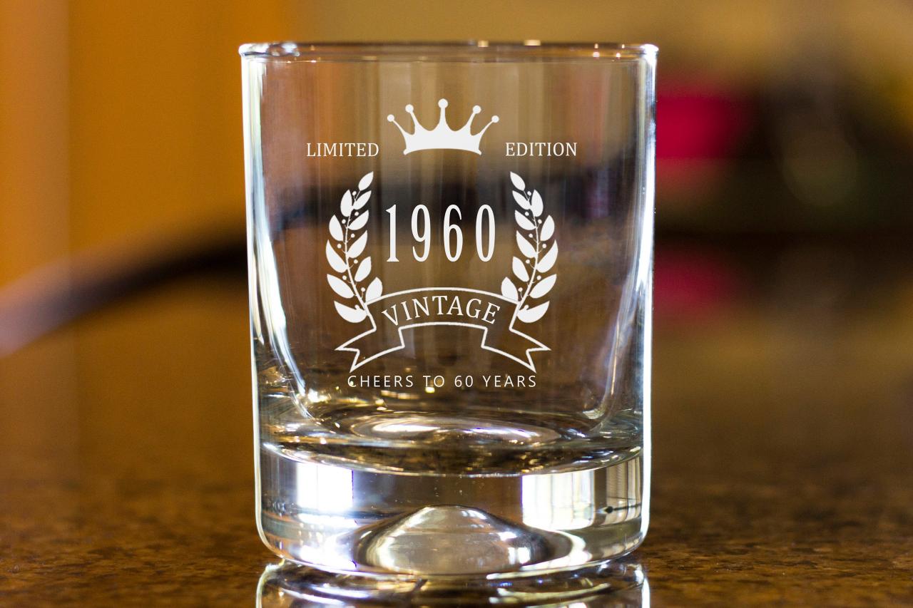 60th Birthday Etched Whiskey Rocks Glass - Vintage Limited Edition Bourbon Scotch Old Fashioned Glass Cheers to 60 years 1960 birth year