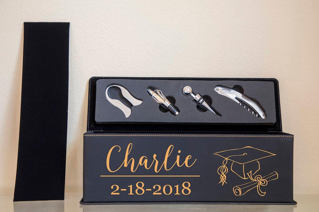 Graduation Black Leather wine box, Engraved Black Leather wine box, Personalized Black Leather wine box, wedding favor wine box,unique box