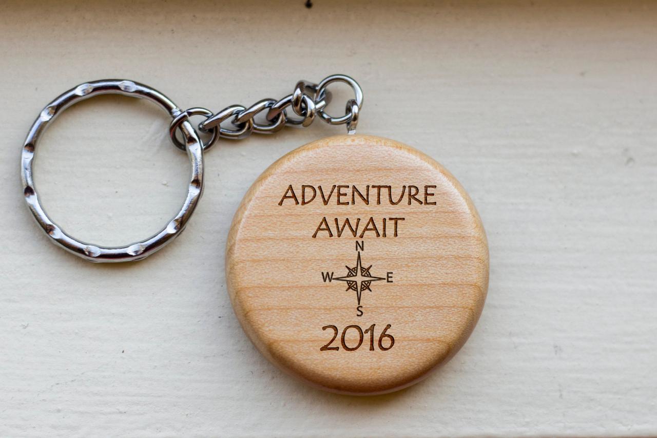 Personalized Key chain, Adventure awaits key chain, love key chain, round key chain, wood Engrave key chain, Gift for Couple, Customized