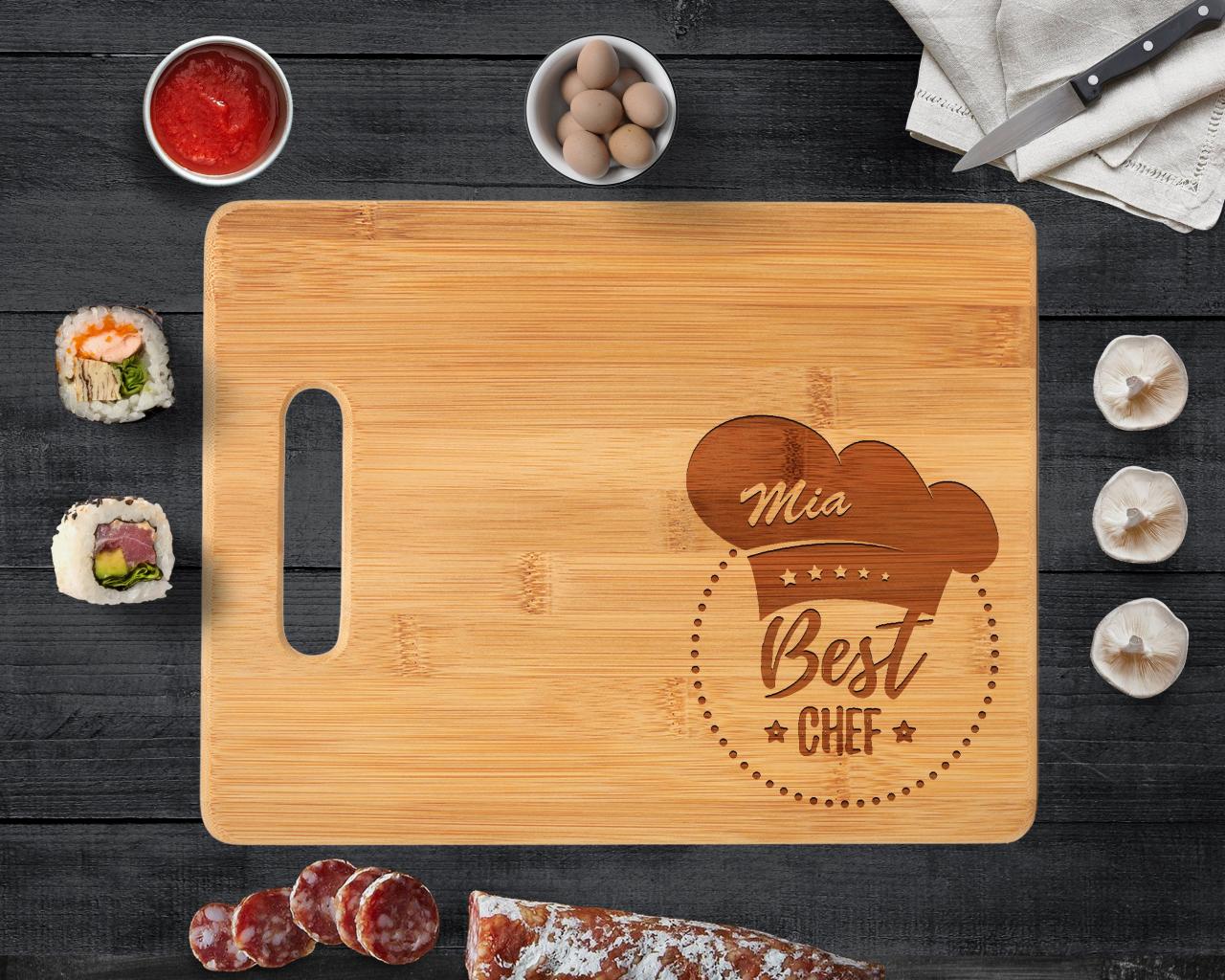 Custom Engraved Cutting Board, Personalized Name Bamboo Wood Cutting Board, Cooks' Kitchen Design // Mother's Day Gift