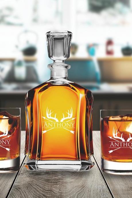 Deer Antler Decanter set with whiskey glasses,Wedding gift decanter set,Couple gift, Personalize Decanter, Housewarming gift, Hunting Gifts