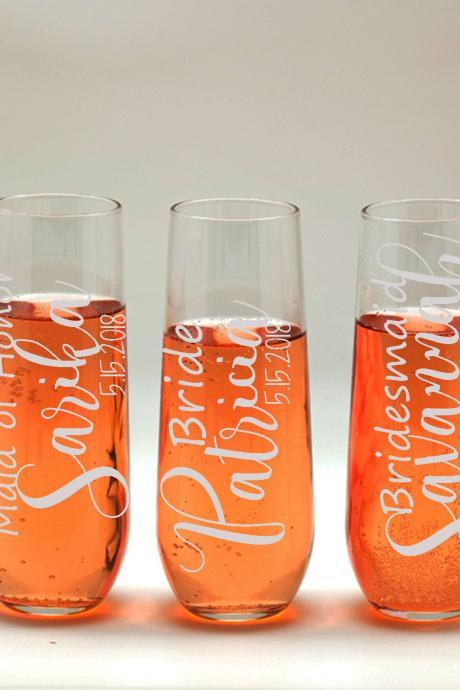 4x Maid of honor Champagne glass, Bridesmaid names wedding toasts, Wedding stemless flutes, Engraved Wedding Glasses