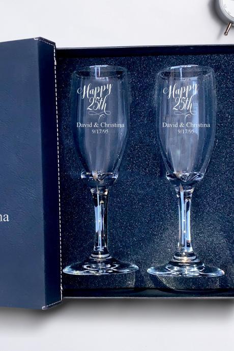 Set of 2 champagne flues, 25th anniversary Champagne glass engraved,Wedding Champagne Flutes, Engraved Wedding Glasses,Custom