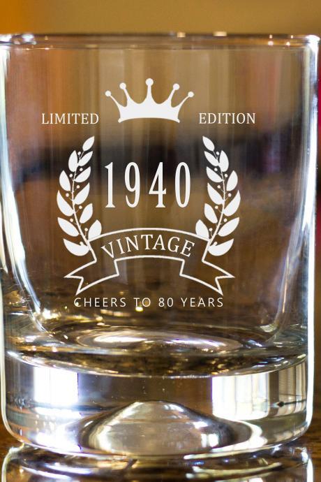 80th Birthday Etched Whiskey Rocks Glass - Vintage Limited Edition Bourbon Scotch Old Fashioned Glass Cheers to 80 years 1940 birth year
