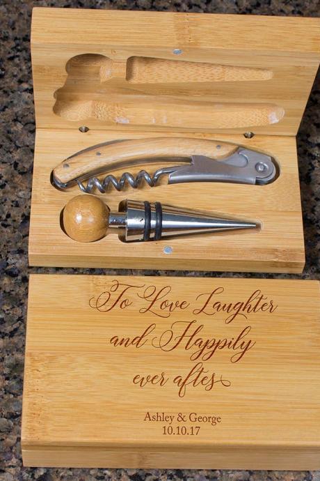 Engraved Wine Opener Set, Personalized Cork Screw Set, Love Laughter Engraved Wine Opener Set, Wine Party Favor, Christmas Gift