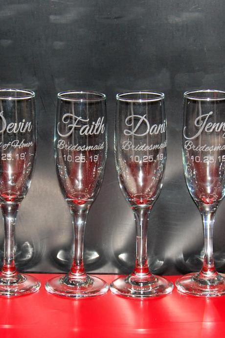Set of 6 champagne flues, personalized names wedding toasts, Wedding Champagne Flutes, Engraved Wedding Glasses,Custom, bridesmaid champagne