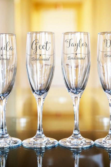 Set of 6 Bridesmaid champagne flues, personalized names wedding toasts, Wedding Champagne Flutes, Engraved Wedding Glasses,Customize wedding