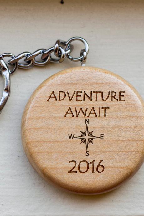 Personalized Key chain, Adventure awaits key chain, love key chain, round key chain, wood Engrave key chain, Gift for Couple, Customized