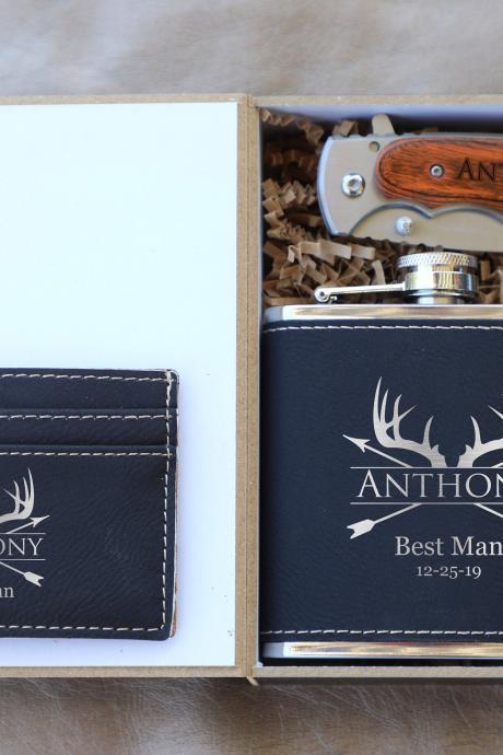 Personalized Groomsman Flask Gift Set, Deer Antler Flask Box Set,groomsmen Gifts, Knife For Groomsmen, Wedding Gift Favors,groom
