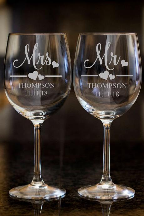 Mrs. wine glasses,Personalize wine glasses,Engraved wine glasses, etched Wine glasses,wedding gift, Bachelor party, customized family name