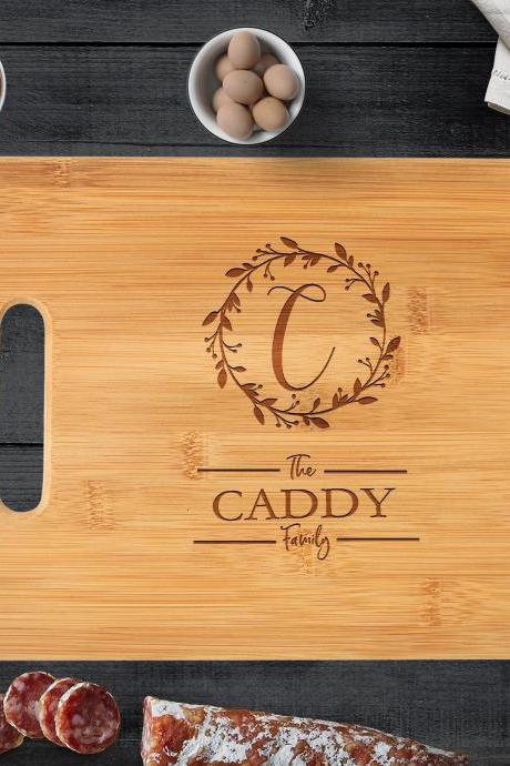 Cutting Board Monogram, Two Tone Bamboo, Wedding Gift, Closing Gift, Family Name, Laser Engraved, Anniversary Gift, Couple Monogram