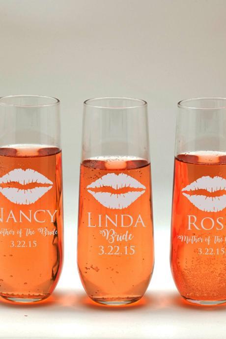 Mother of the bride glass, Bridesmaid names wedding toasts, Wedding stemless flutes, Engraved Wedding Glasses,Customize champagne flutes