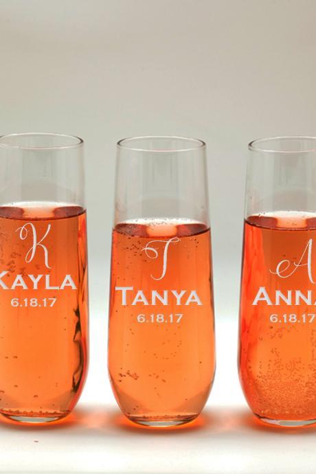 Bachelorette party favors, Bridesmaid names wedding toasts, Wedding stemless flutes, Engraved Wedding Glasses,Customize champagne flutes