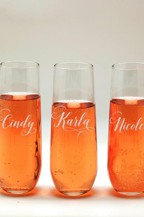 Set of 3 Stemless champagne flues, personalized names wedding toasts, Wedding Champagne Flutes, Engraved Wedding Glasses,Customize champagne