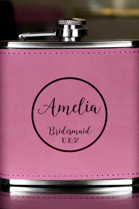 Personalized Pink Leather Flask, Bridesmaid Flask, Maid Of Honor Flask, Gift For Bridesmaid, Gifts For Her, Birthday Gift,bridesmaid Flask, Hip